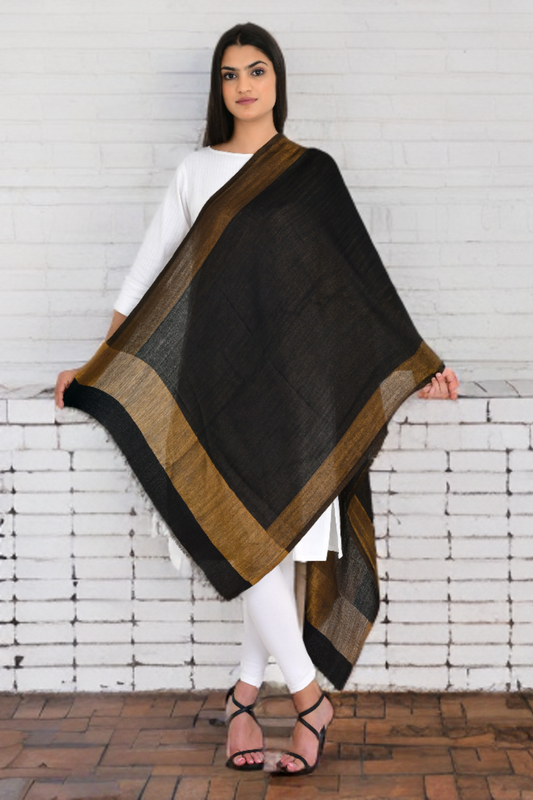 Moonlight Black Gold Zari Reversible Fine Wool Stole Shawl for Women