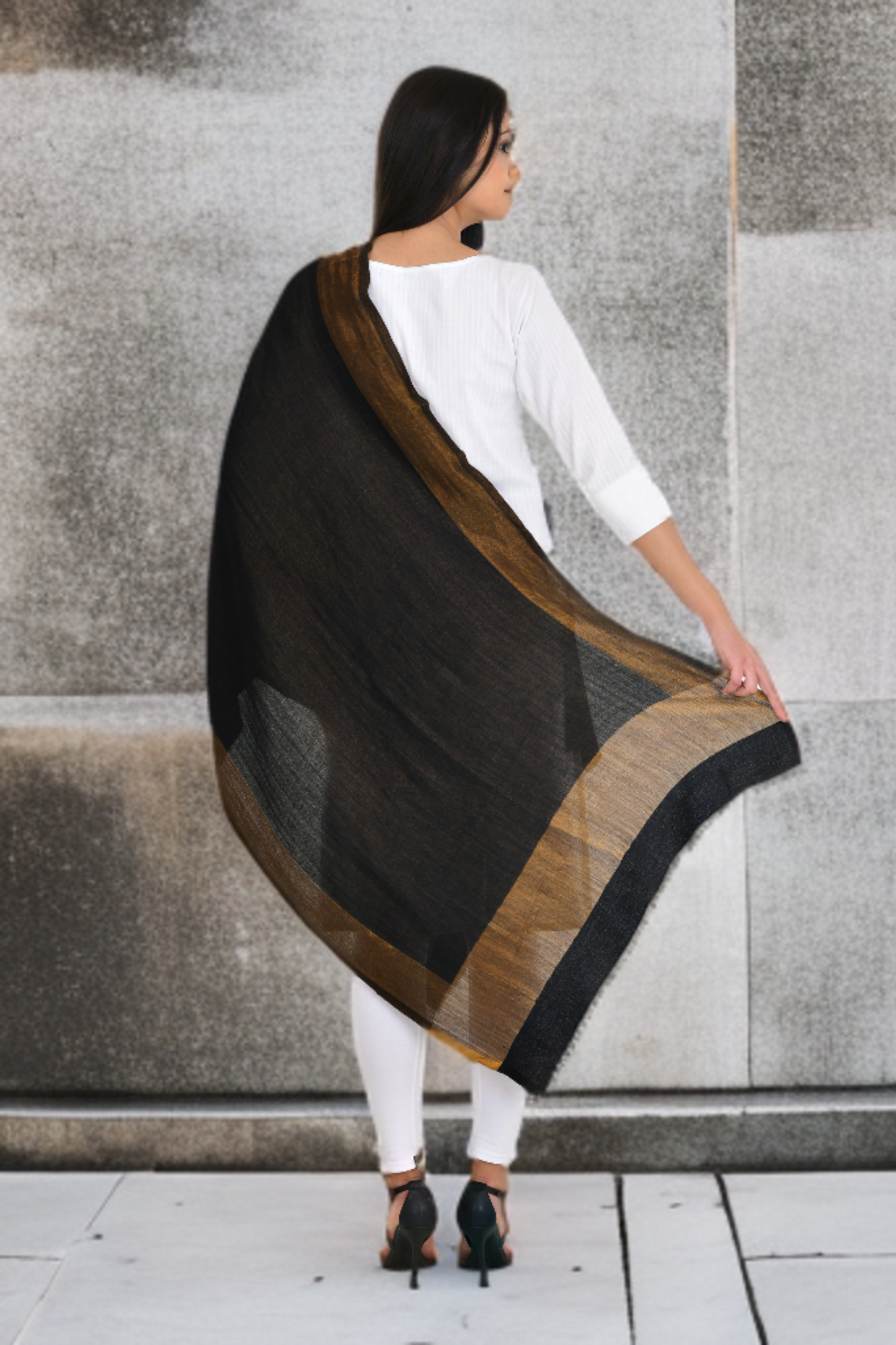 Moonlight Black Gold Zari Reversible Fine Wool Stole Shawl for Women