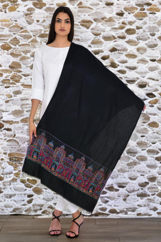 Luxurious Black Stole with Heritage Fort Design Woven Border