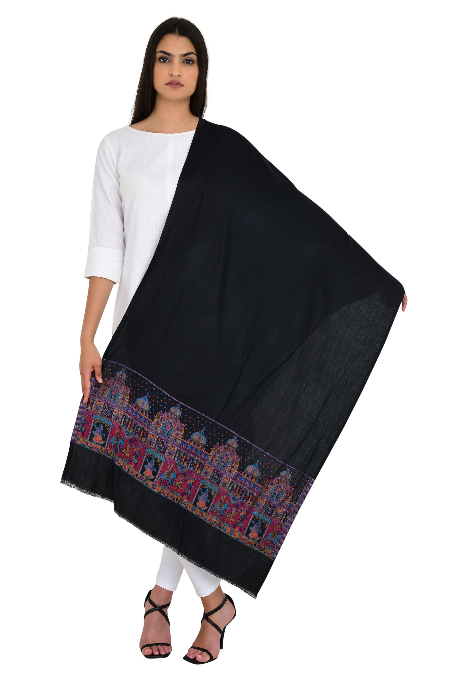Luxurious Black Stole with Heritage Fort Design Woven Border