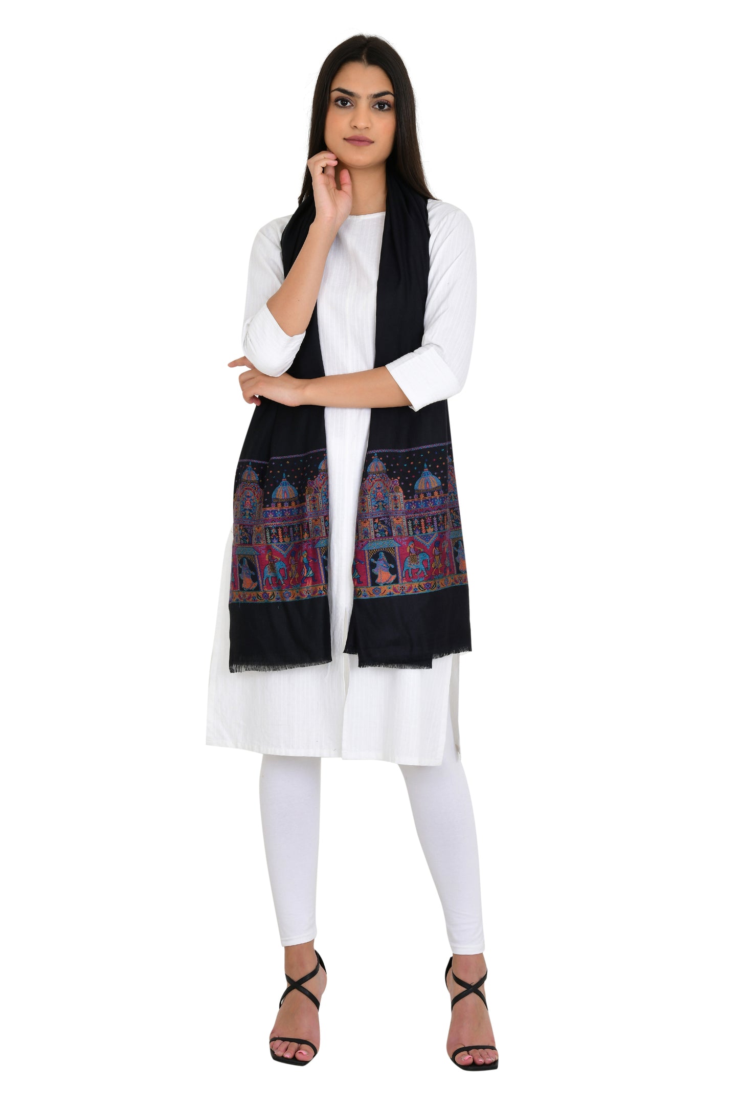Luxurious Black Stole with Heritage Fort Design Woven Border