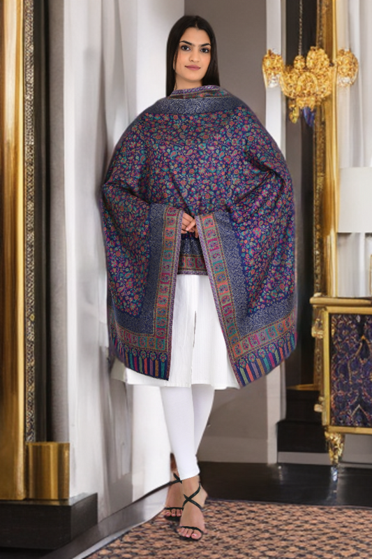 Floral Blue Kaani Weaving Stole with a Touch of Zari Shimmer