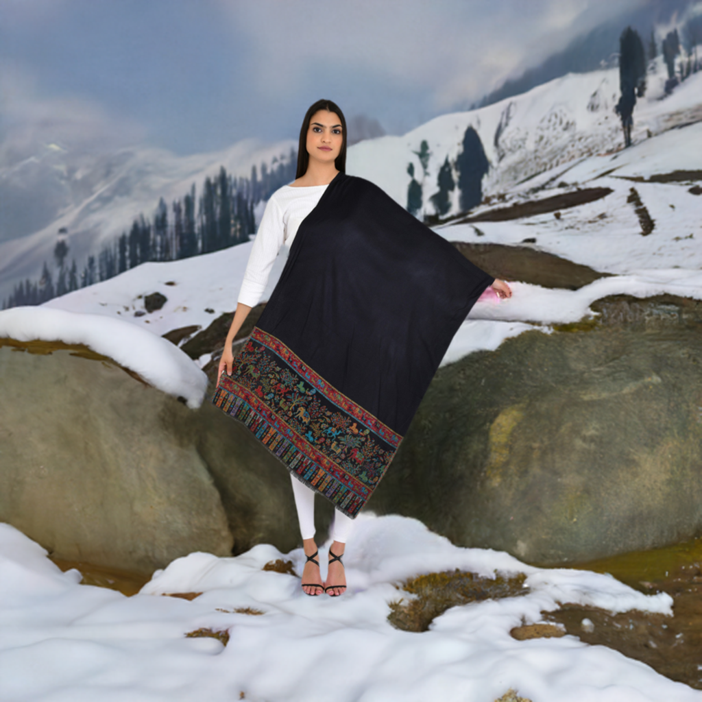 Abstract flora and fauna Black Weaving Stole Shawl for women