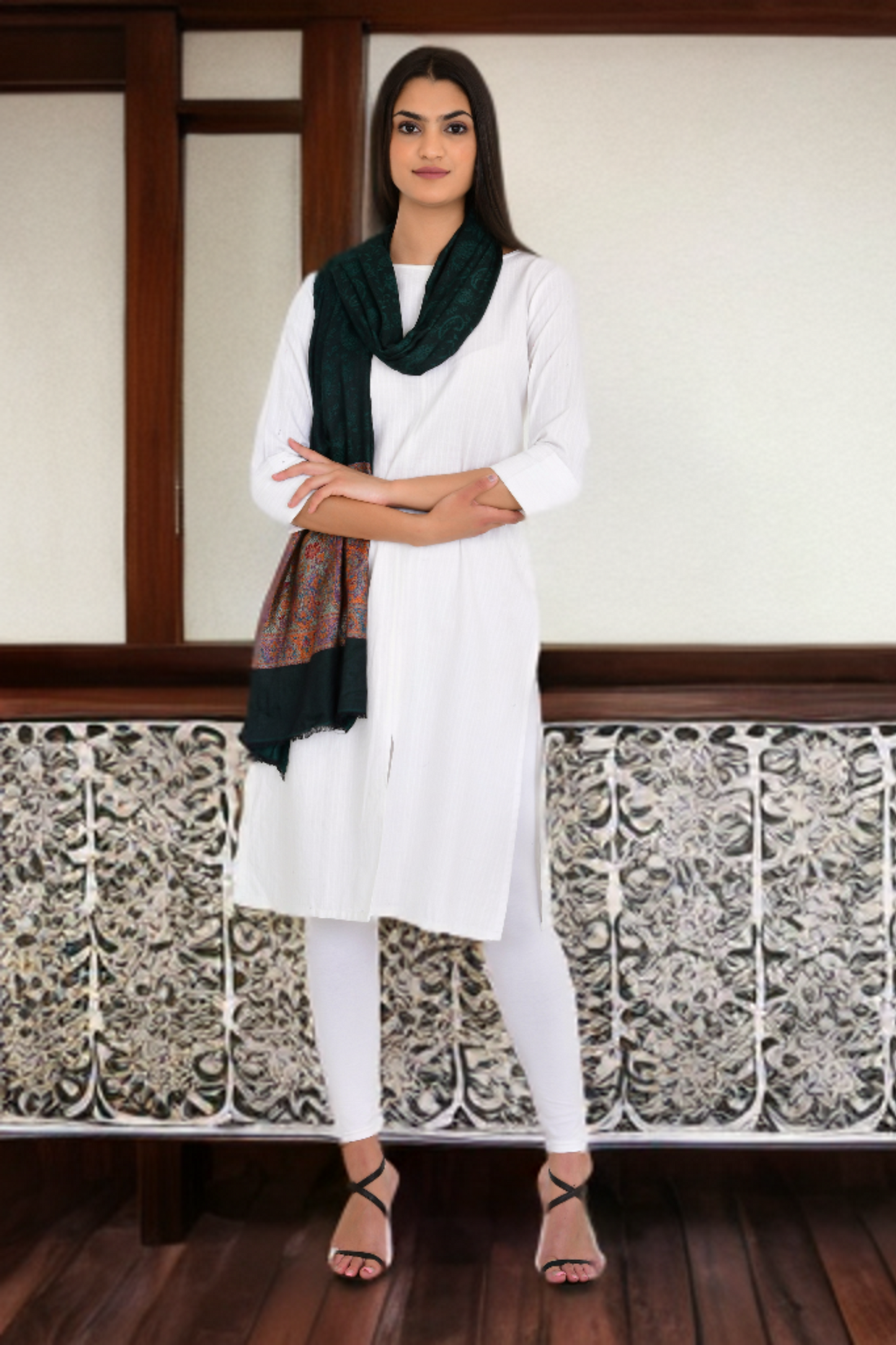 Bottle Green Self-Design Stole Shawl for Women with Weaving Work Borders
