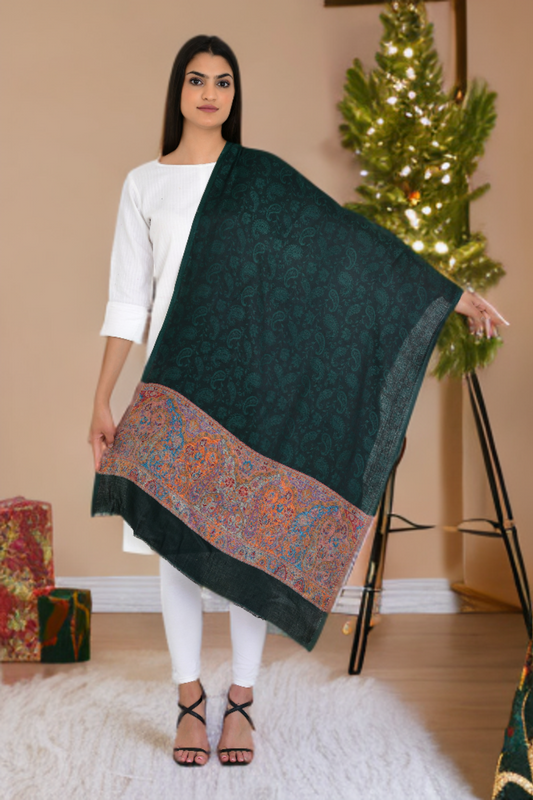 Bottle Green Self-Design Stole Shawl for Women with Weaving Work Borders