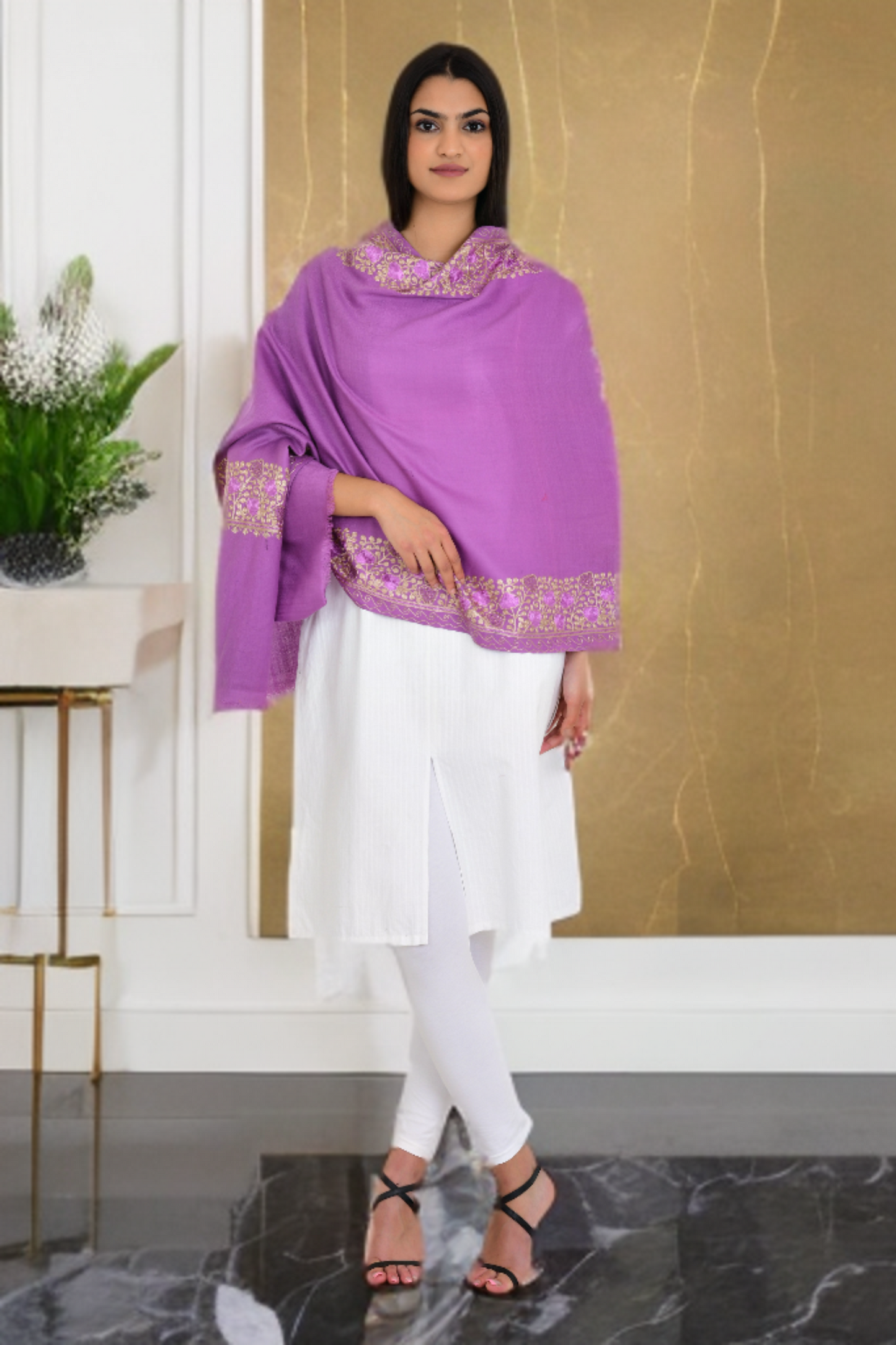 Swarovski-Embellished with Chinar Leaves Design Purple Woolen Stole for Women