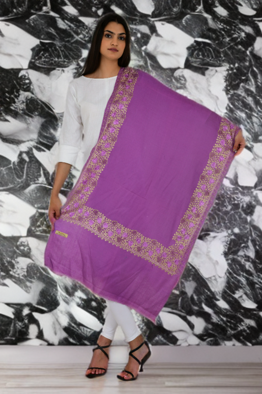 Swarovski-Embellished with Chinar Leaves Design Purple Woolen Stole for Women
