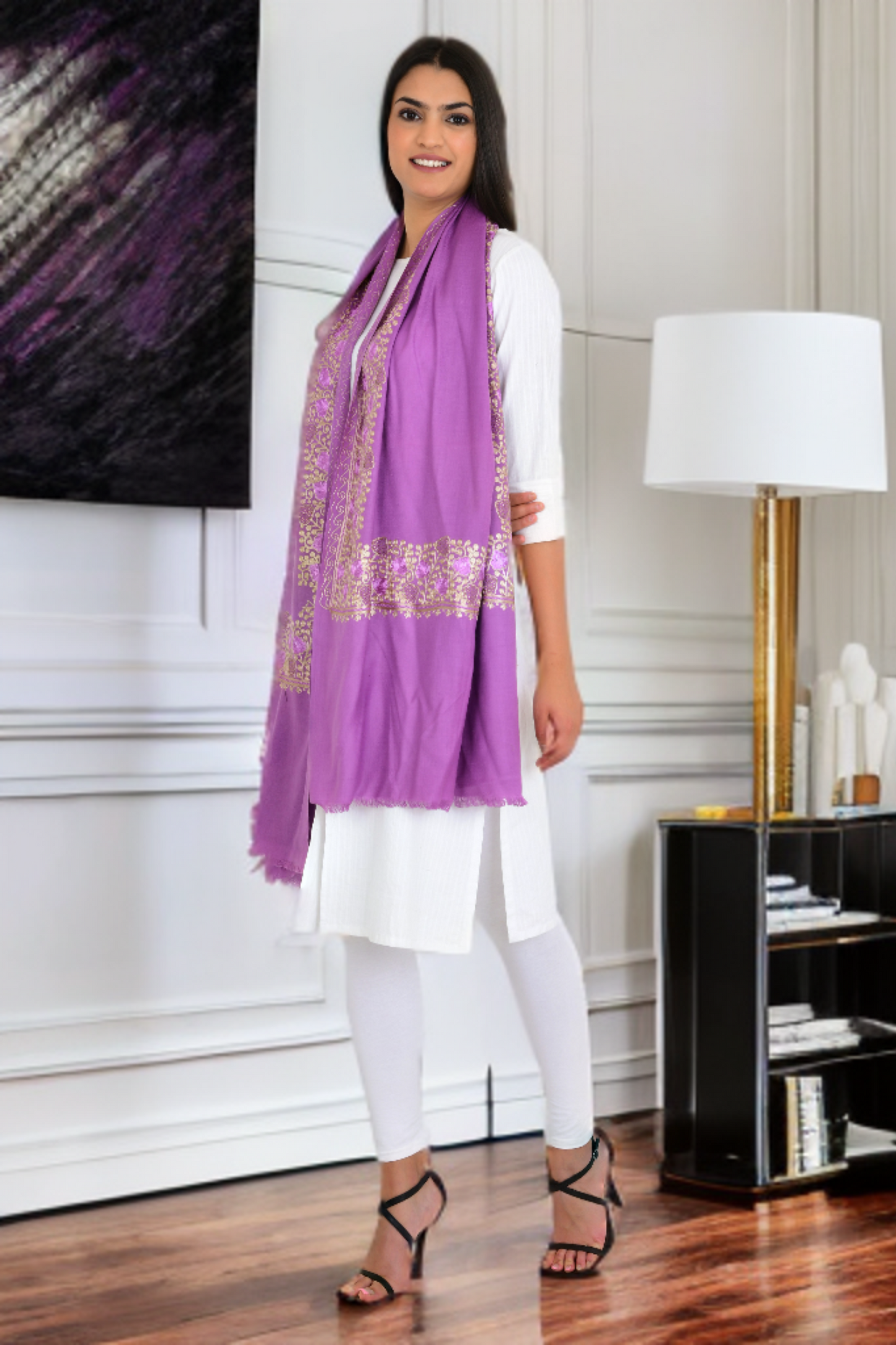Swarovski-Embellished with Chinar Leaves Design Purple Woolen Stole for Women