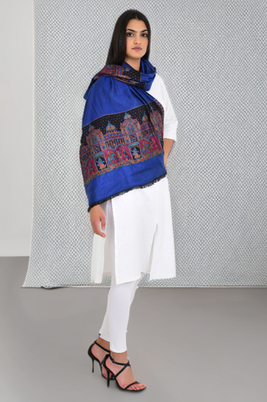 Royal Blue Stole with Artisanal Heritage Fort Design Woven Border