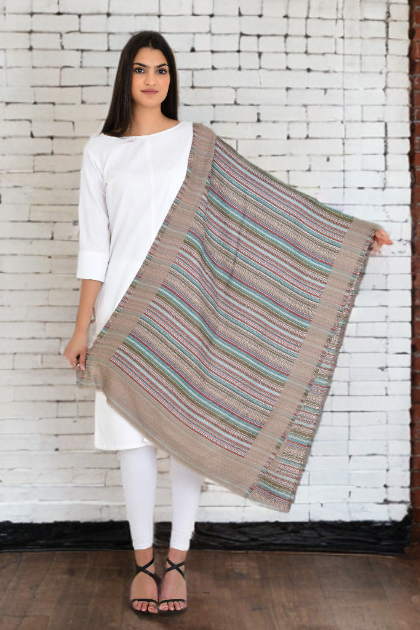 Oyster Brown Shade of Plain & Strips Reversible Fine Wool Stole