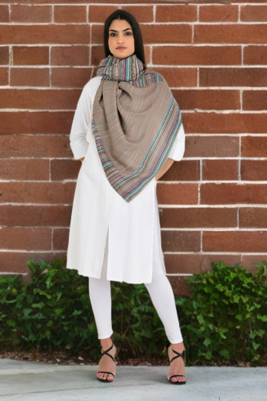 Oyster Brown Shade of Plain & Strips Reversible Fine Wool Stole