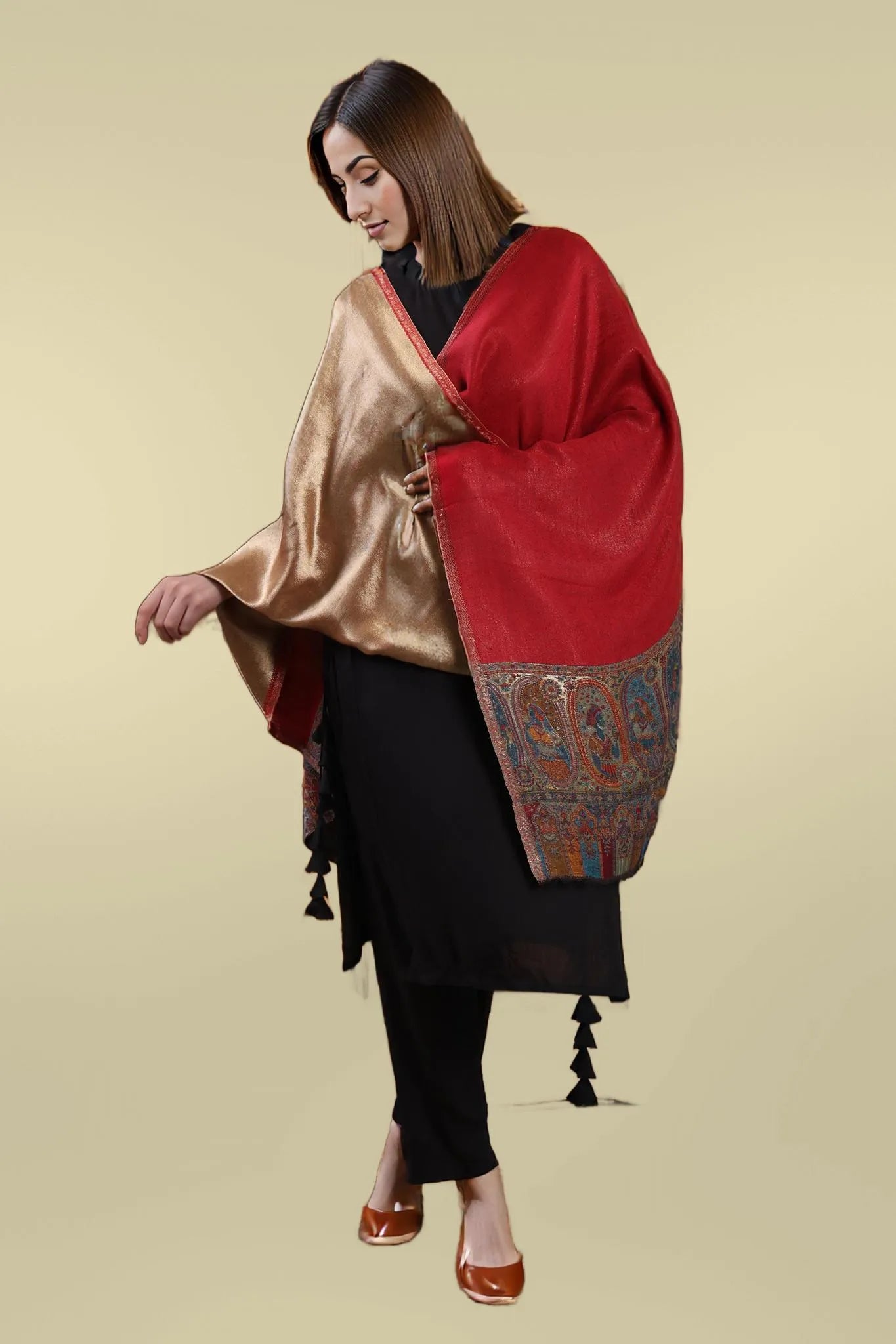 Red & Gold Reversible Zari Wool Stole - Maharaja Rani Design | Pashloom™