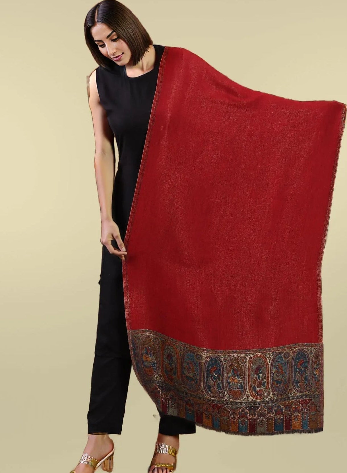 Pashloom red, gold wool stole for premium gifting, product image 1