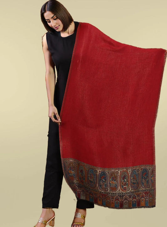 woman wearing zari reversible red color moonlight stole
