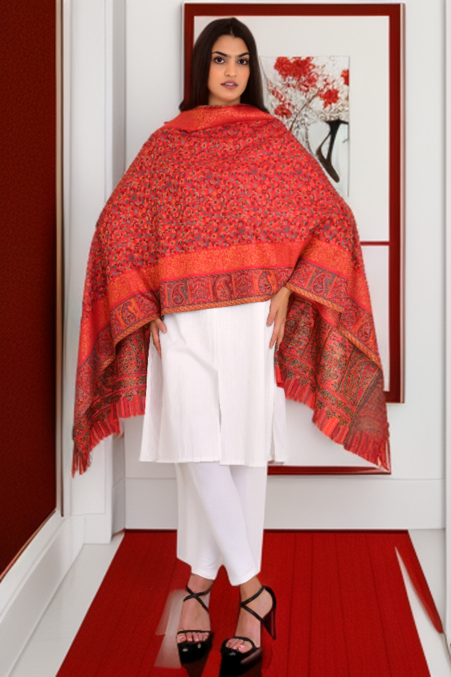Bold Red Kaani Weaving Stole Shawl for Women with Floral Design and Zari Shimmer