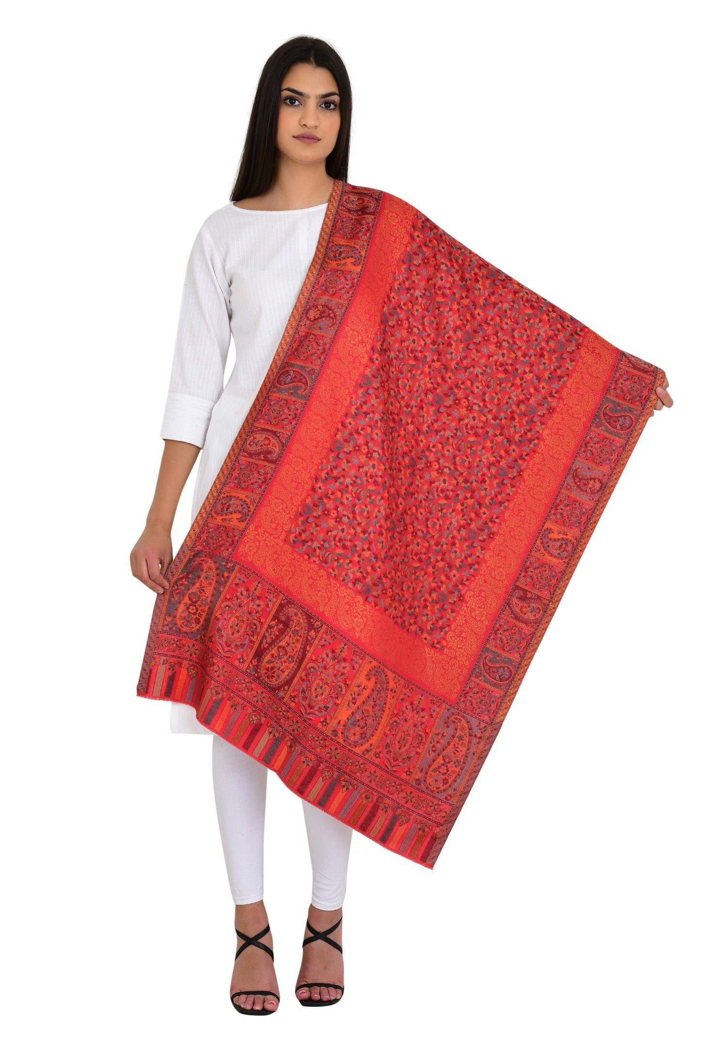 Bold Red Kaani Weaving Stole Shawl for Women with Floral Design and Zari Shimmer