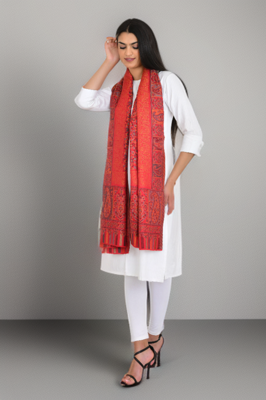 Bold Red Kaani Weaving Stole Shawl for Women with Floral Design and Zari Shimmer