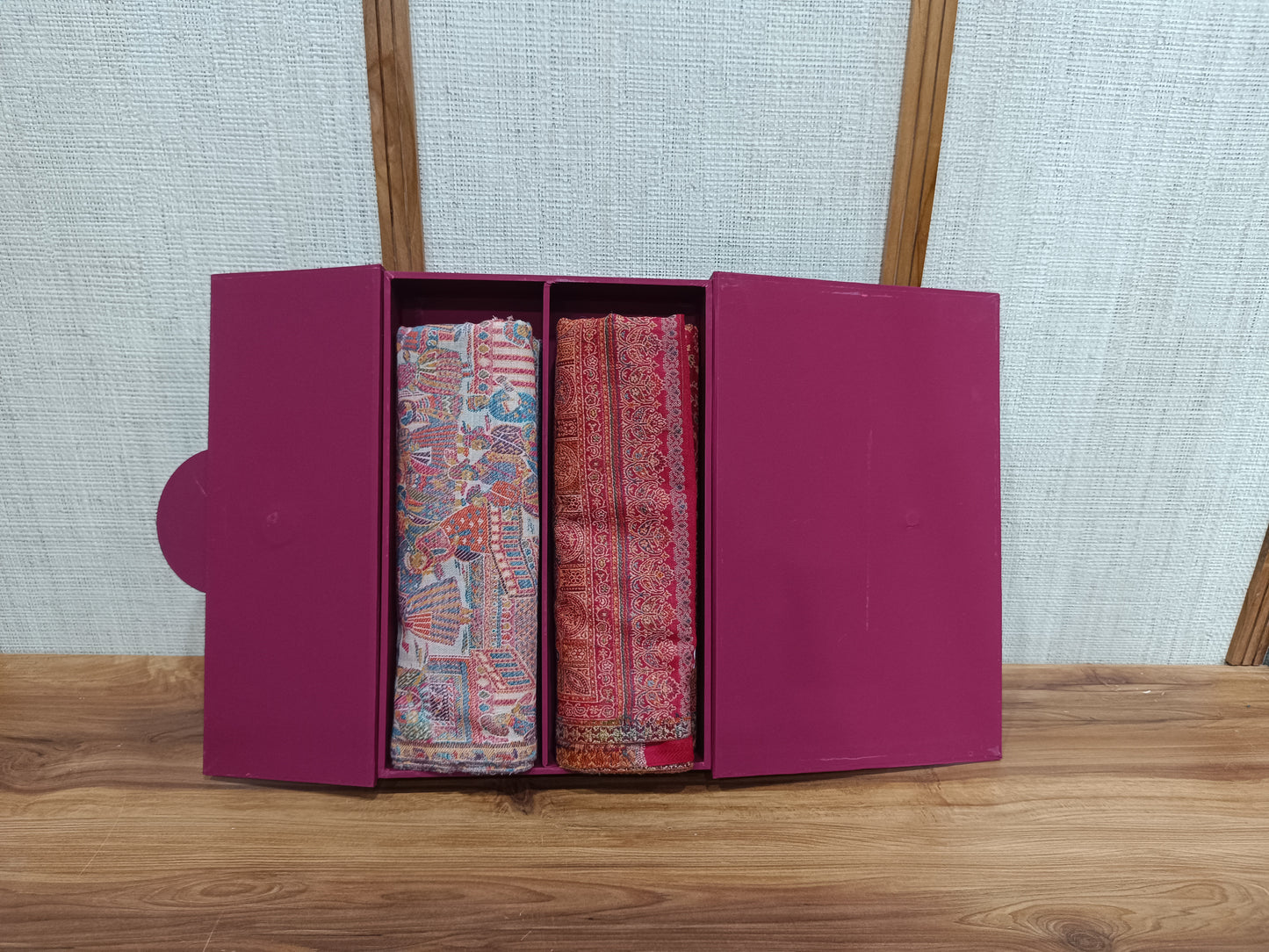 Pashloom red, beige 1, black, cream semi wool couple shawl set for wedding and festive gifting, product image 4