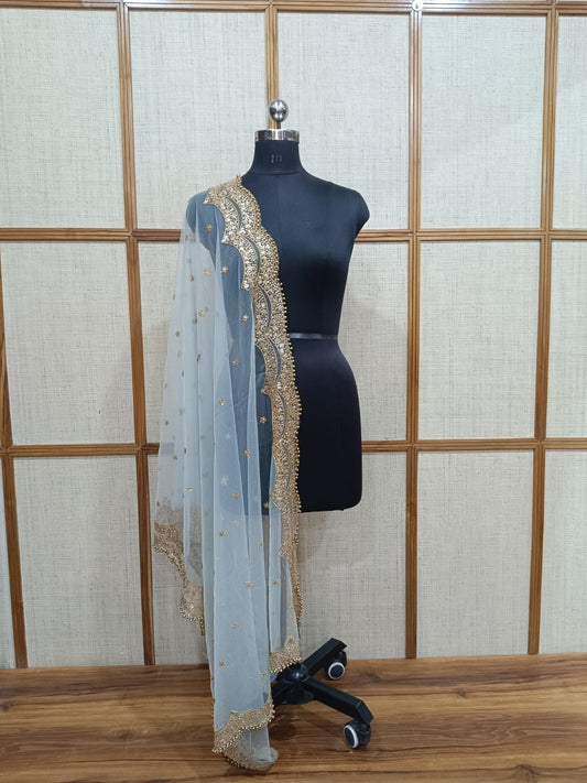 Pashloom Bridal Net Dupatta Featuring Zari Lace and Golden Pearl Cutwork