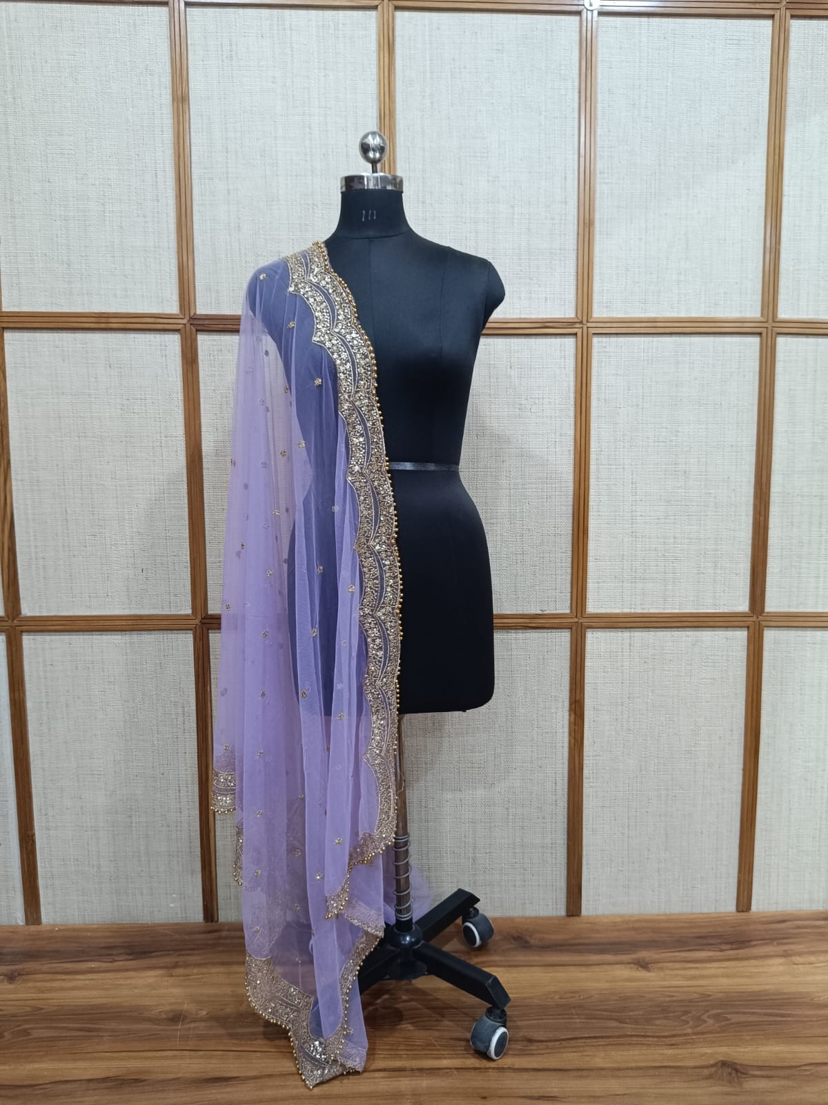 Pashloom Net Dupatta with Zari Lace & Golden Pearl Cutwork for Women