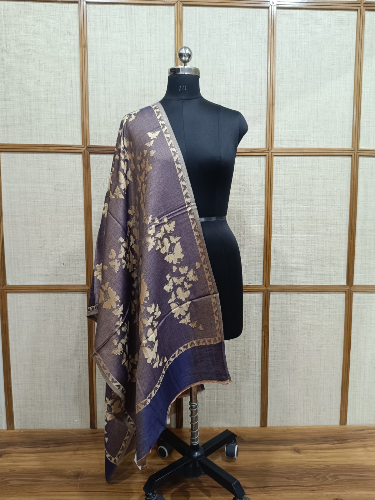 Dual-Sided Butterfly Print Zari Reversible Modal Wool Stole – Premium Unisex Gift | Pashloom