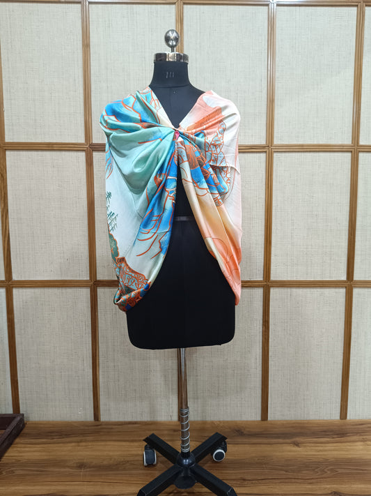 Pashloom peach, mid sea blue, blue, gold silk scarves for premium gifting, product image 1