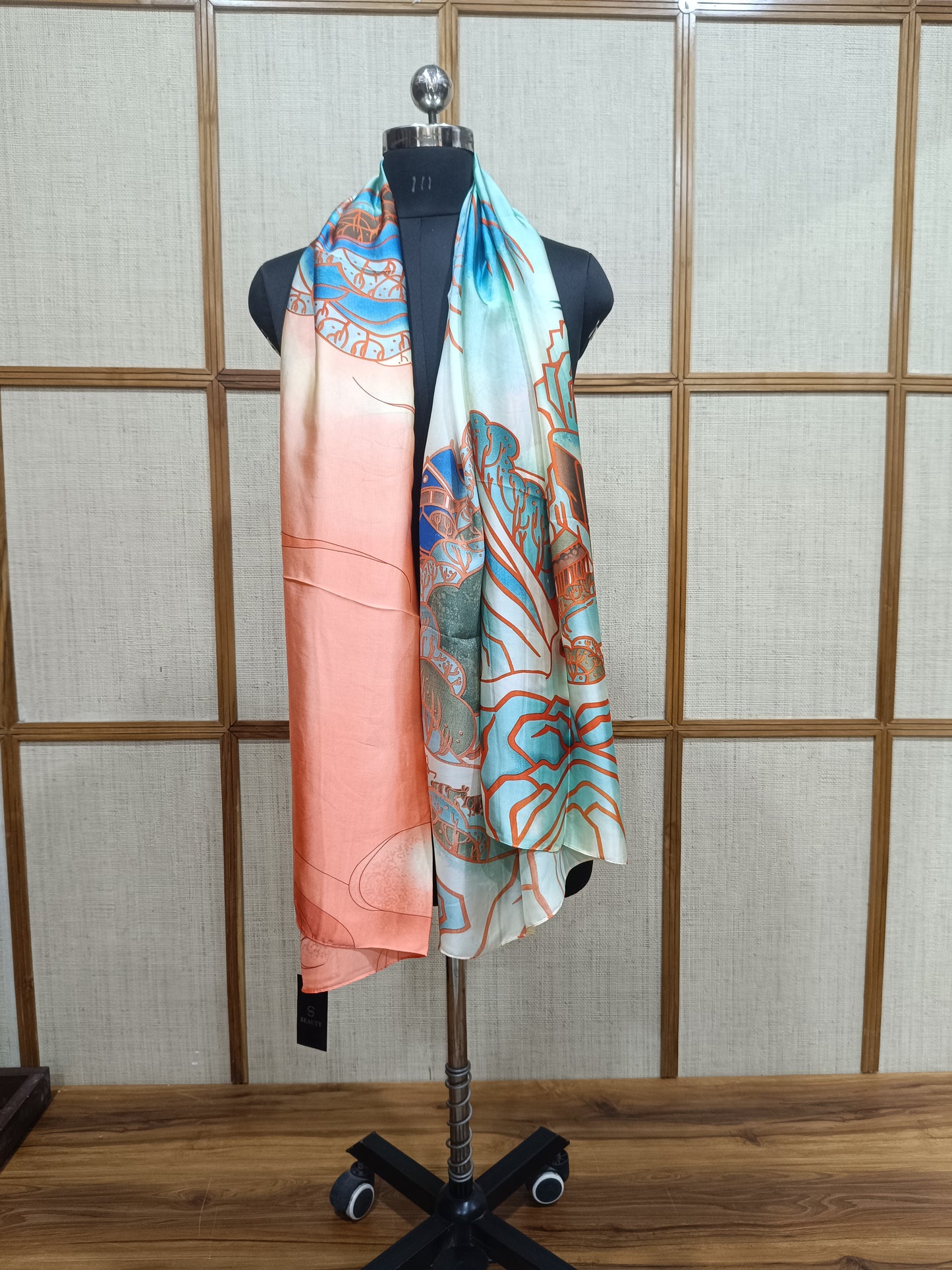 Pashloom peach, mid sea blue, blue, gold silk scarves for premium gifting, product image 4