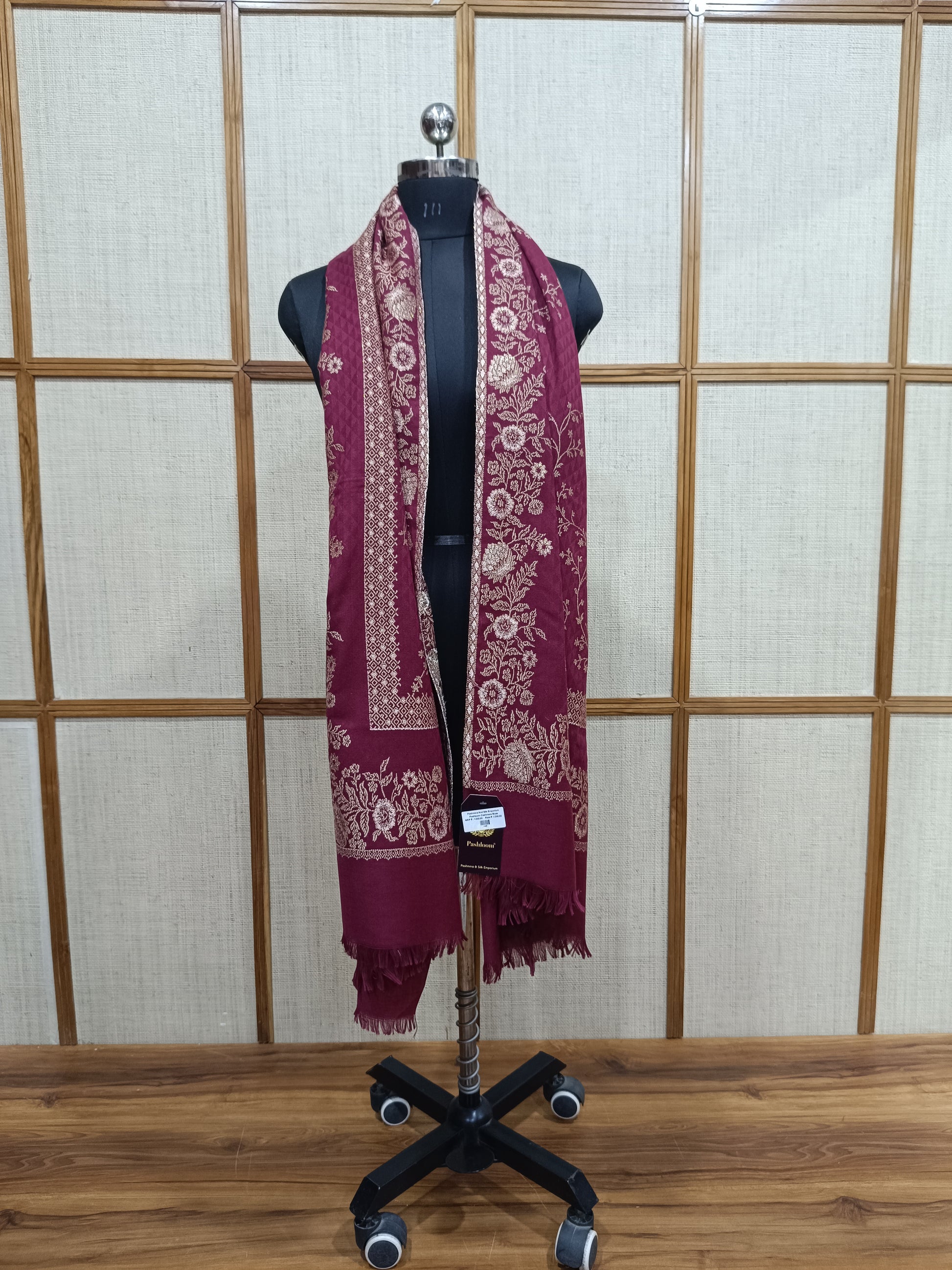 Pashloom reddish pink, fuchsia pink, wine, gold wool stole for wedding and festive gifting, product image 1