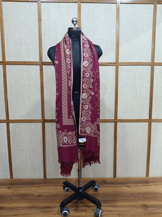 Pashloom reddish pink, fuchsia pink, wine, gold wool stole for wedding and festive gifting, product image 1