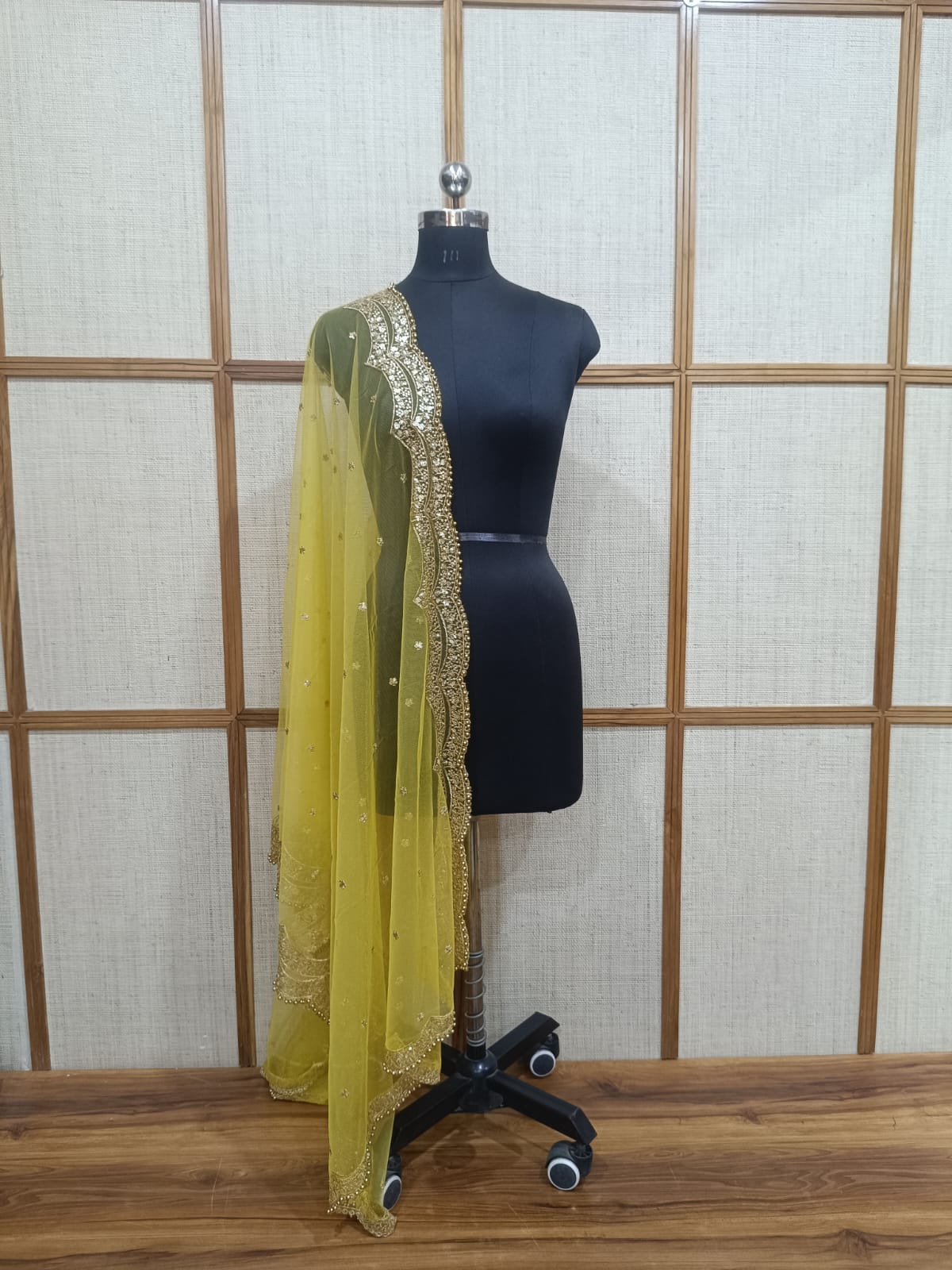 Elegant Net Dupatta with Golden Pearl Scalloped Cutwork | Pashloom
