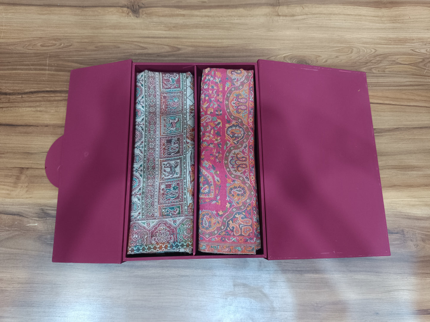 Pashloom silver, hot pink, white semi wool couple stole set for wedding and festive gifting, product image 4