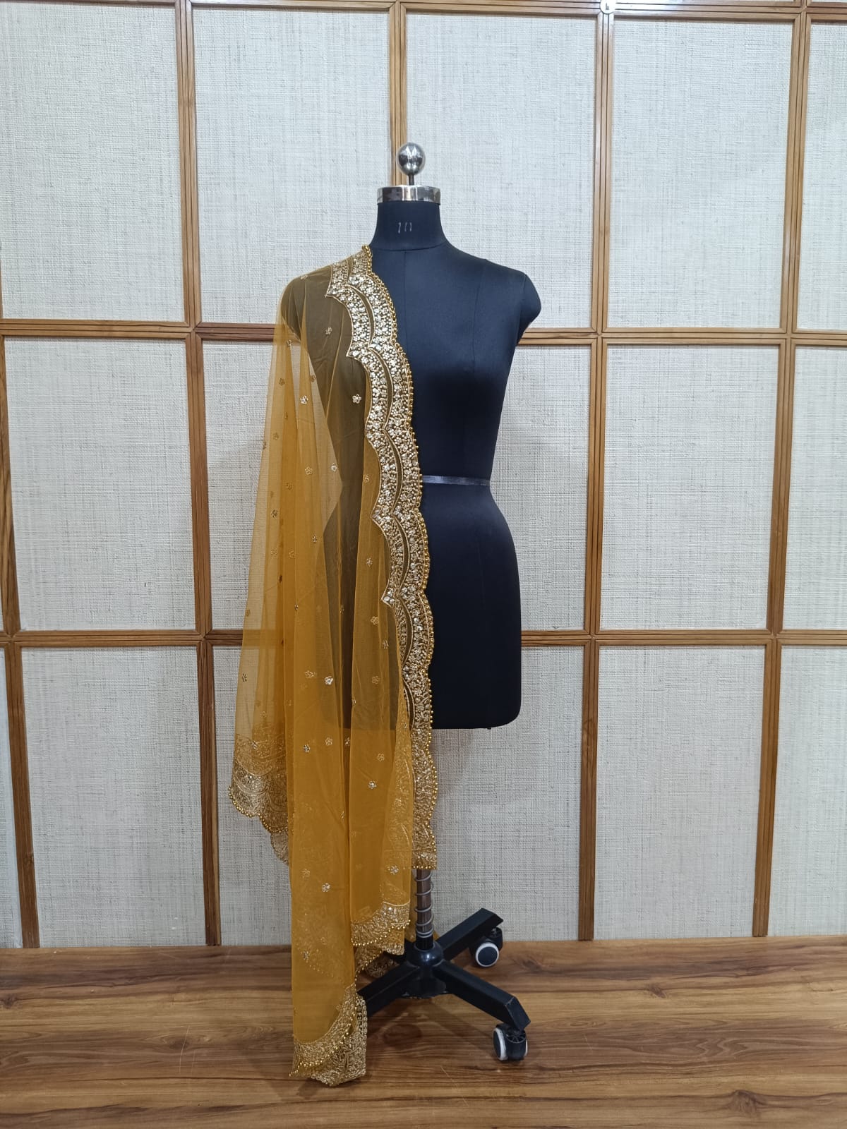 Pashloom Signature Occasion Net Dupatta with Scalloped Golden Pearl Cutwork & Zari Trim