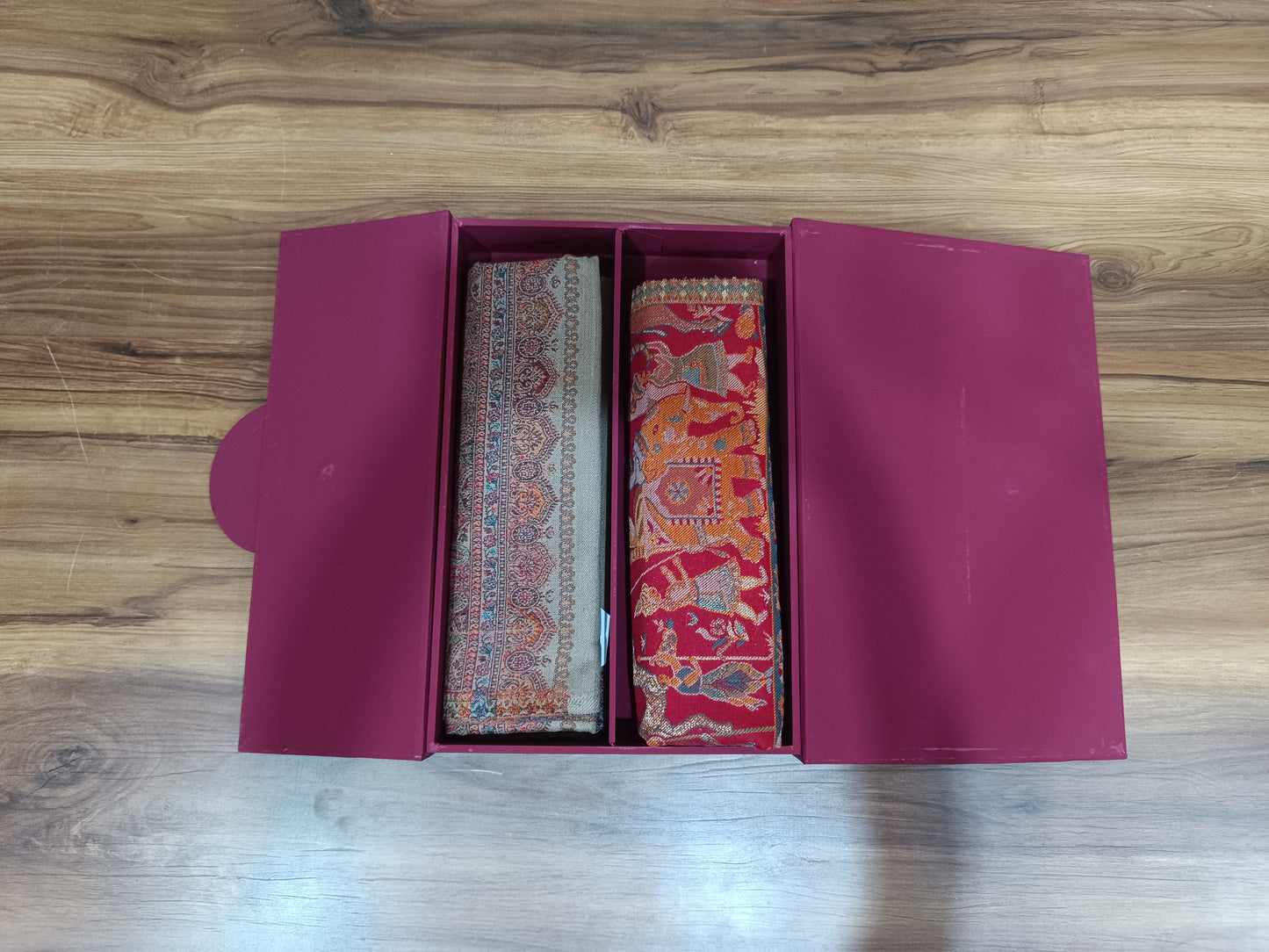 Pashloom red, beige 1, beige semi wool couple shawl set for wedding and festive gifting, product image 7