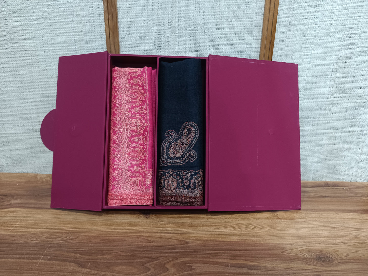 Pashloom red, black, hot pink, cream semi wool couple shawl set for wedding and festive gifting, product image 5