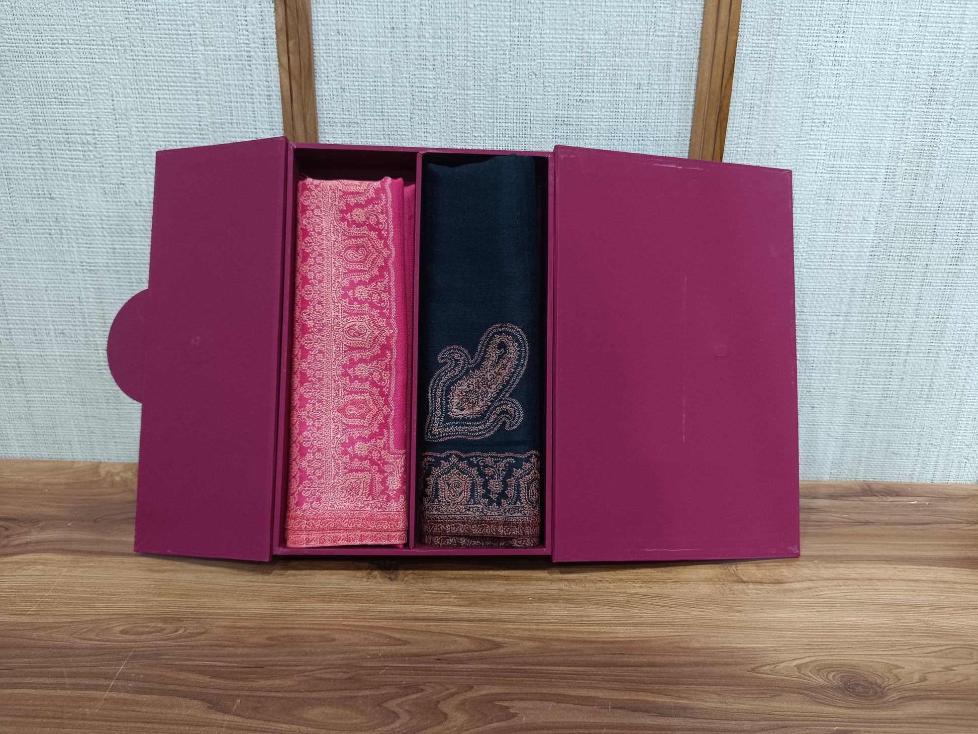 Pashloom red, black, hot pink, cream semi wool couple shawl set for wedding and festive gifting, product image 5