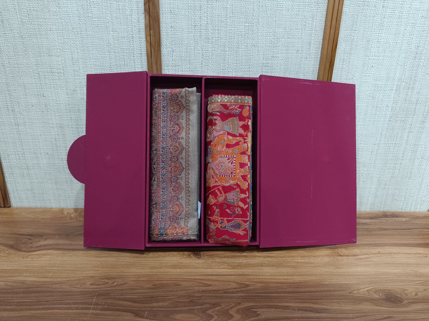 Pashloom red, beige 1, beige semi wool couple shawl set for wedding and festive gifting, product image 8