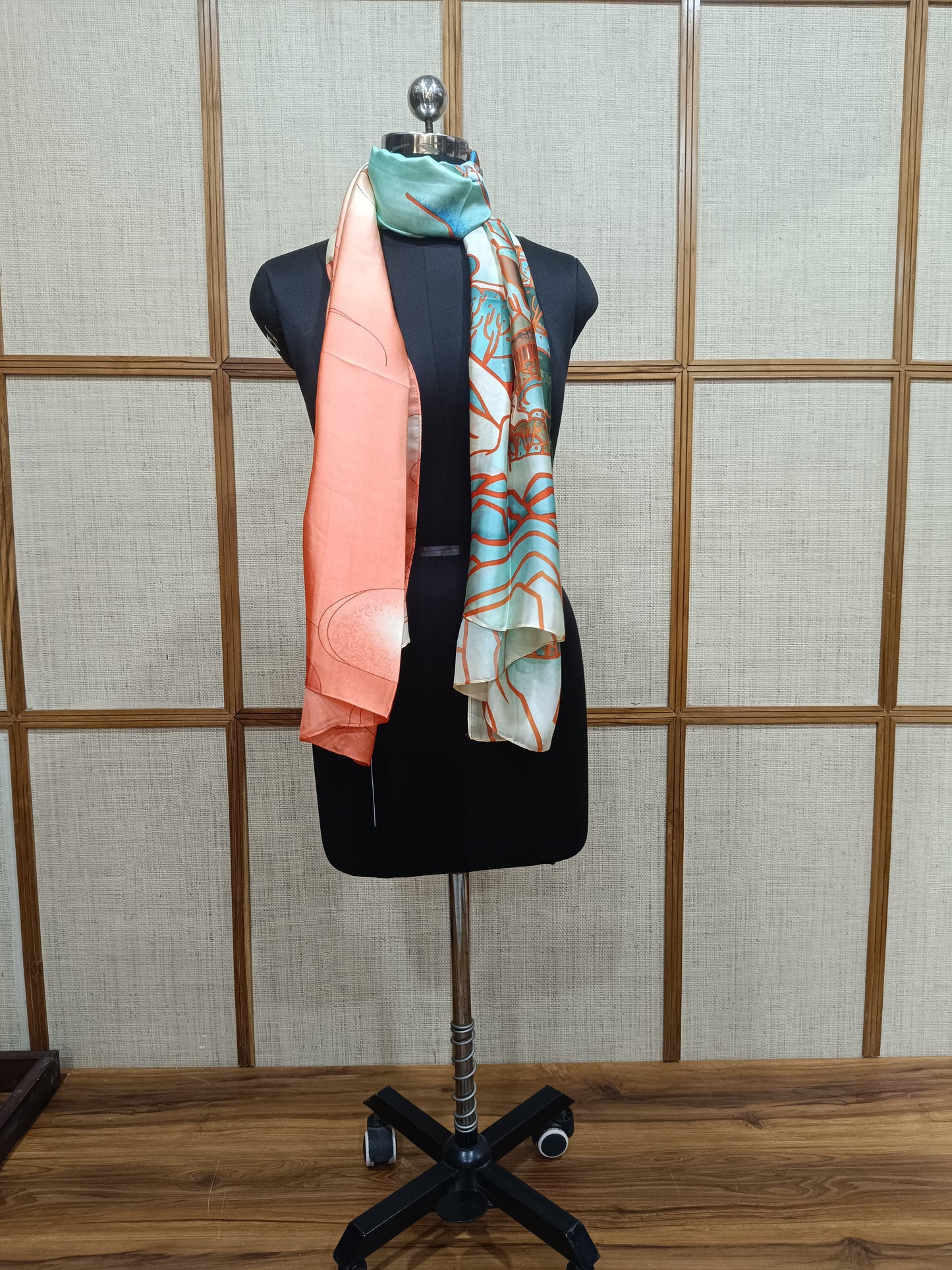 Pashloom peach, mid sea blue, blue, gold silk scarves for premium gifting, product image 3