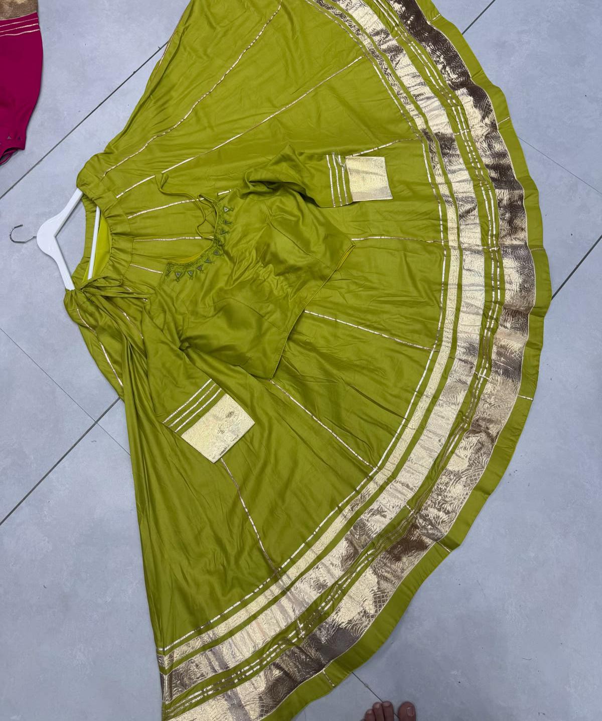 Pashloom Rayon Chaniya Choli Set with Elbow Sleeves Blouse – Dual Golden Strip Border | 8-Meter Gher for Navratri Garba