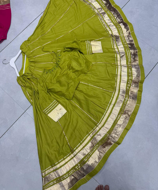 Pashloom Rayon Chaniya Choli Set with Elbow Sleeves Blouse – Dual Golden Strip Border | 8-Meter Gher for Navratri Garba