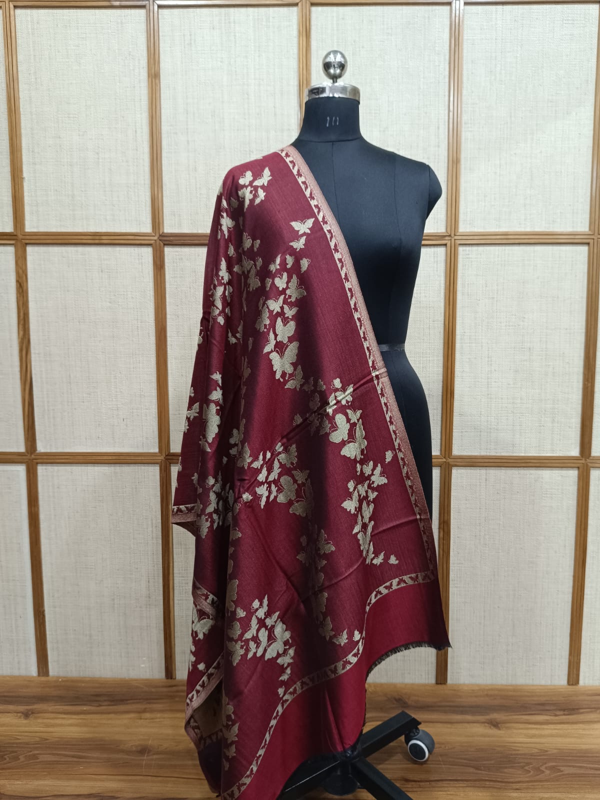 Dual-Sided Butterfly Print Zari Reversible Modal Wool Stole – Premium Unisex Gift | Pashloom