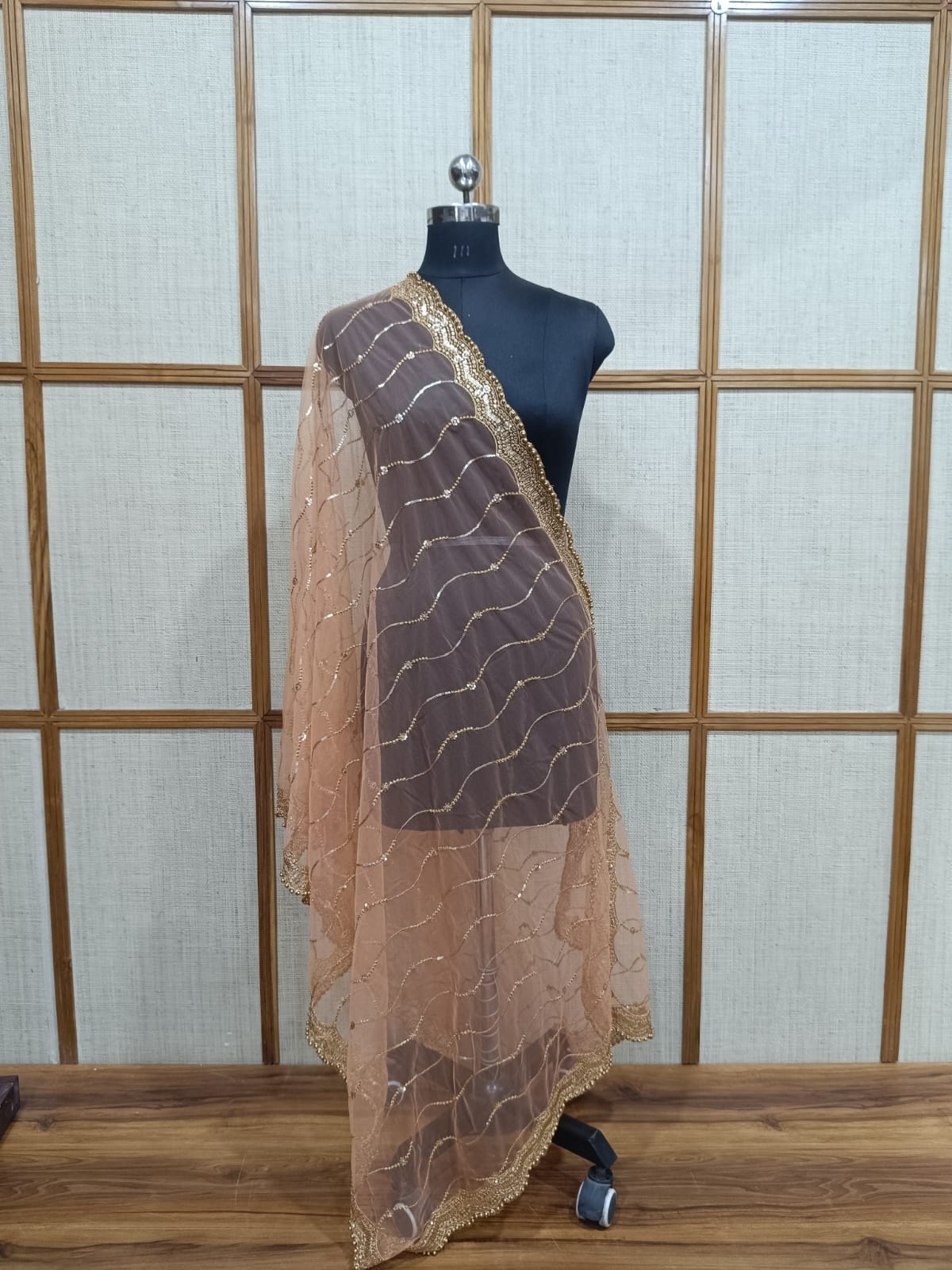 Pashloom Handcrafted Pearl Cutwork Net Dupatta with All-Border Zari Lace