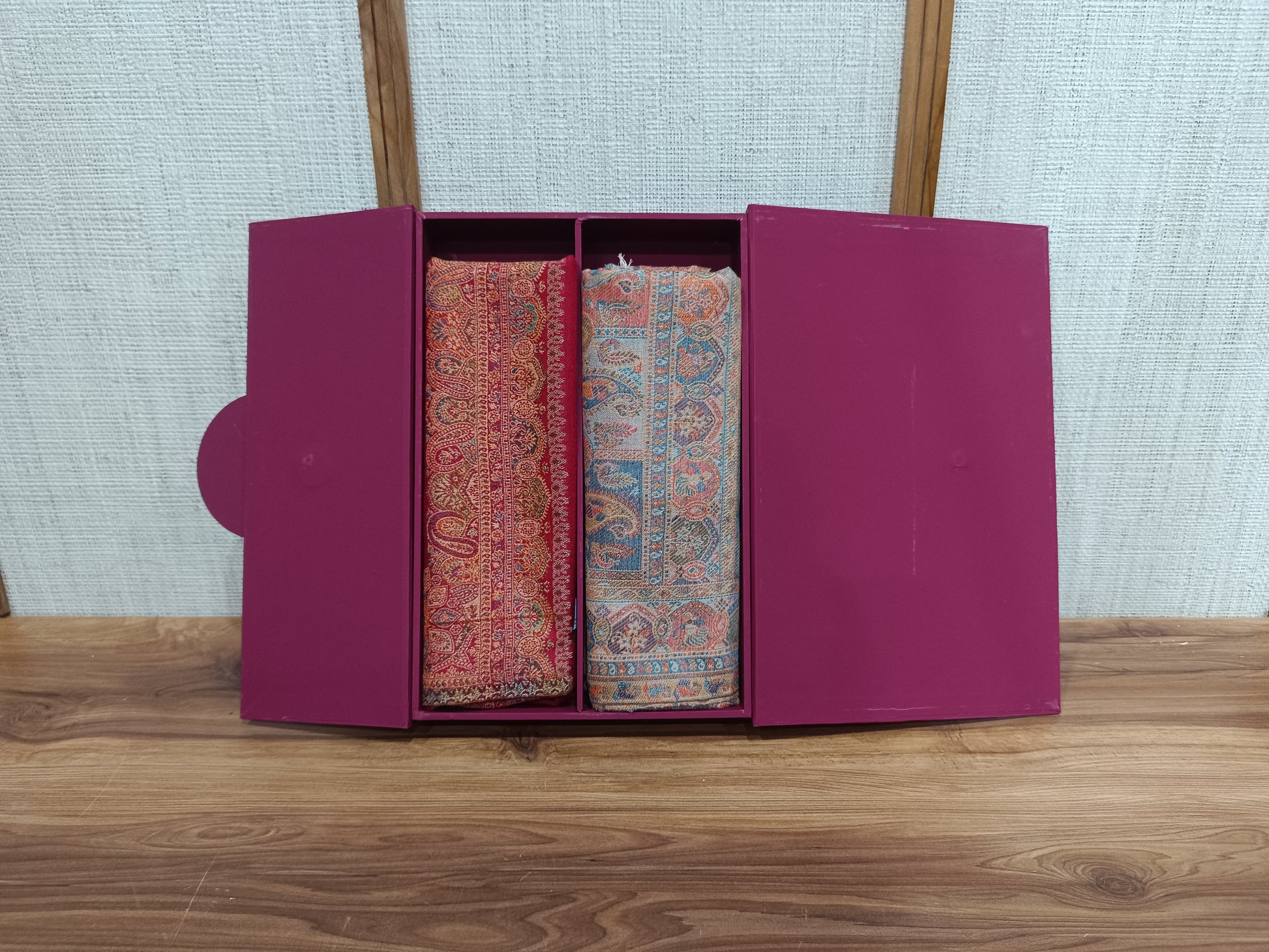 Pashloom red, beige 1 semi wool couple shawl set for wedding and festive gifting, product image 1