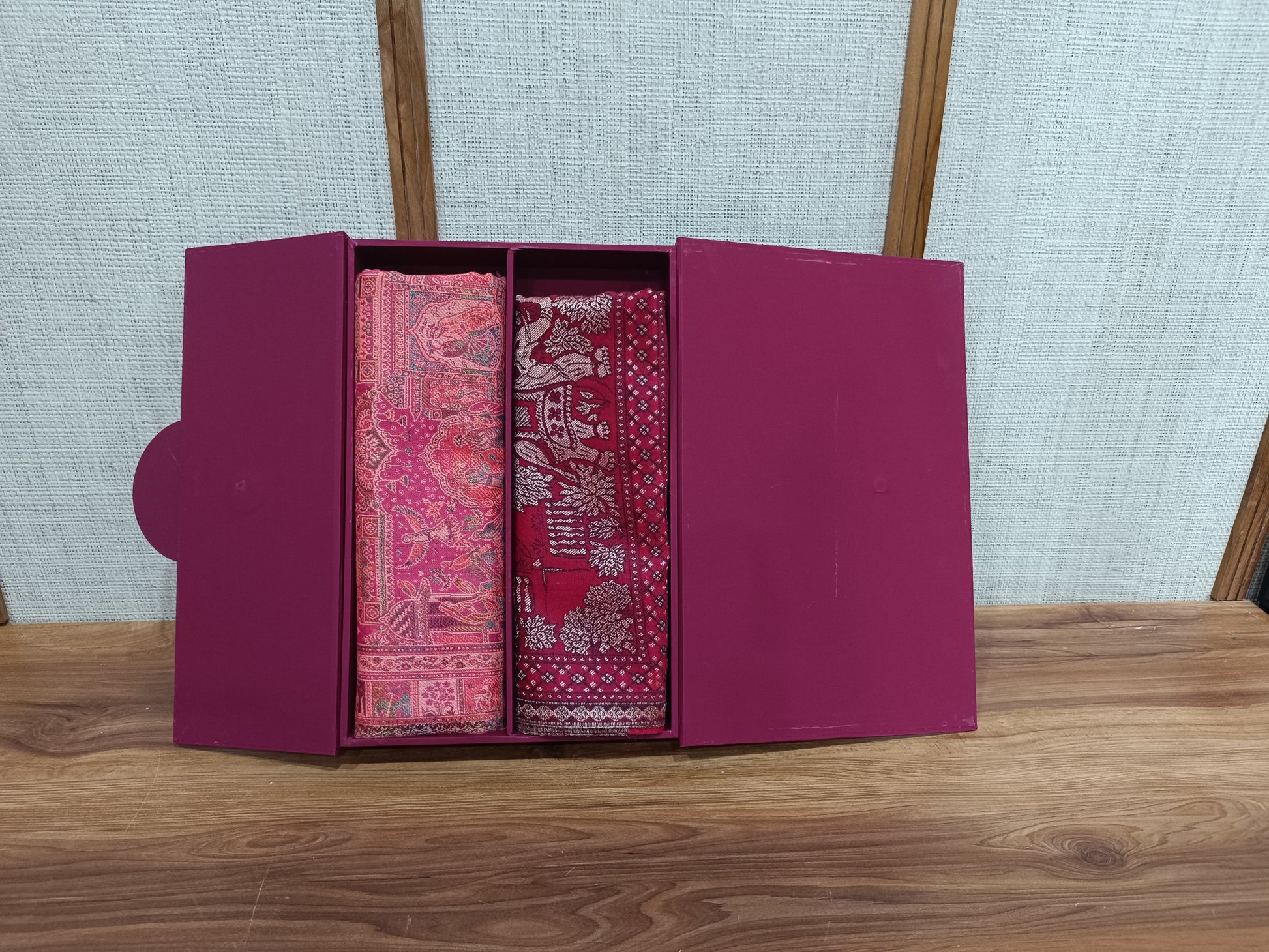 Pashloom red, hot pink, black, crimson red semi wool couple shawl set for wedding and festive gifting, product image 5