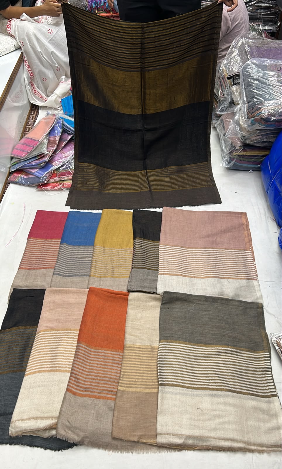 Pashloom™ moonlight golden zari with strips and solid color fine wool unisex stole