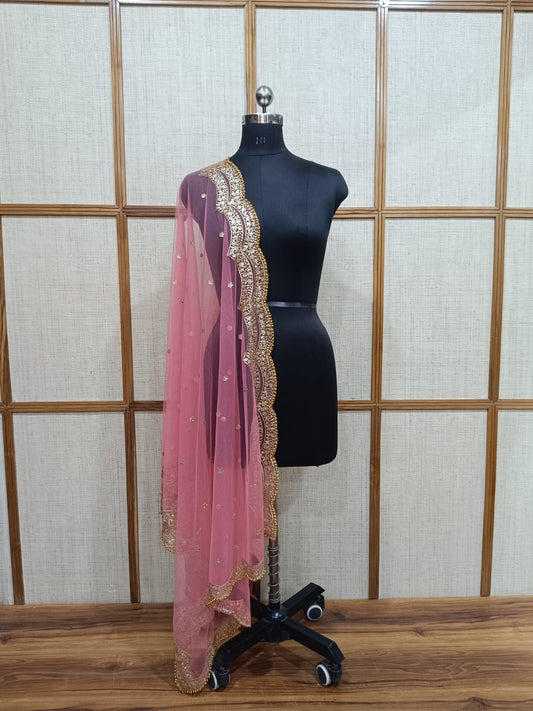 Pashloom Premium Net Dupatta with Four-Sided Zari Border & Golden Pearl Cutwork