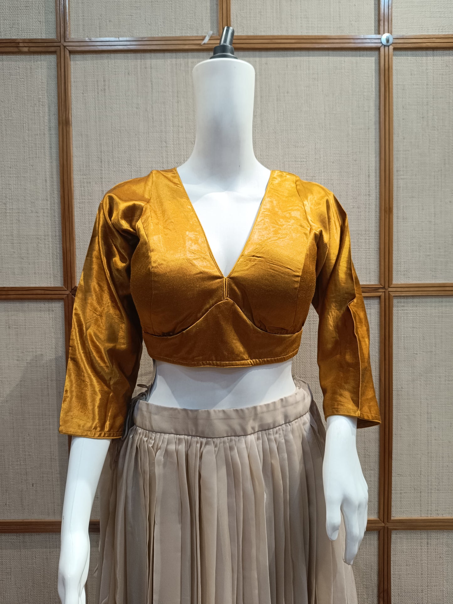 Pashloom™ Mustard Silk-Satin Blouse | Full Sleeves & Deep V-Neck