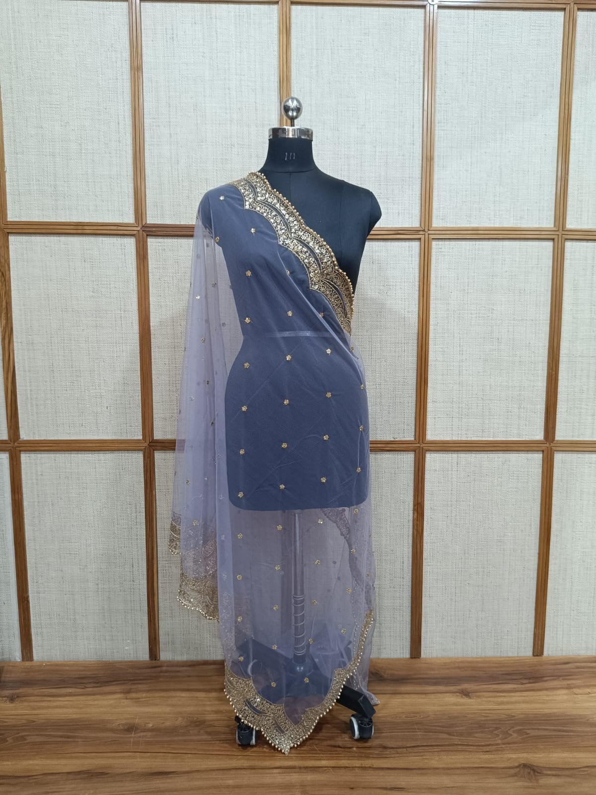 Pashloom Designer Lehenga Dupatta Chunni in Soft Net with Golden Pearl Cutwork and 4-Sided Zari Work