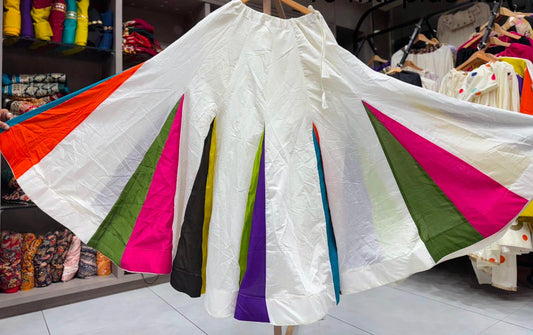 Pashloom Rayon White Chaniya with Multicolor Triangle Border – 10-Meter Gher for Navratri Garba