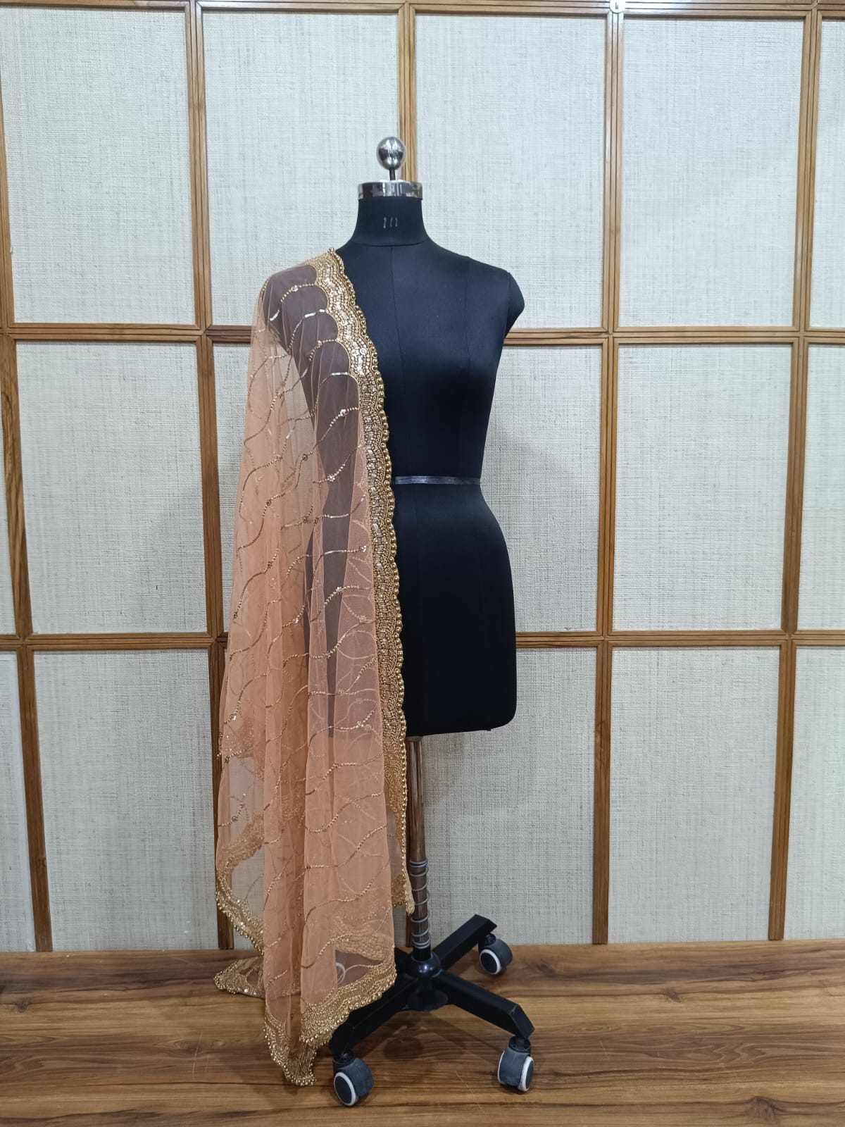 Pashloom Handcrafted Pearl Cutwork Net Dupatta with All-Border Zari Lace
