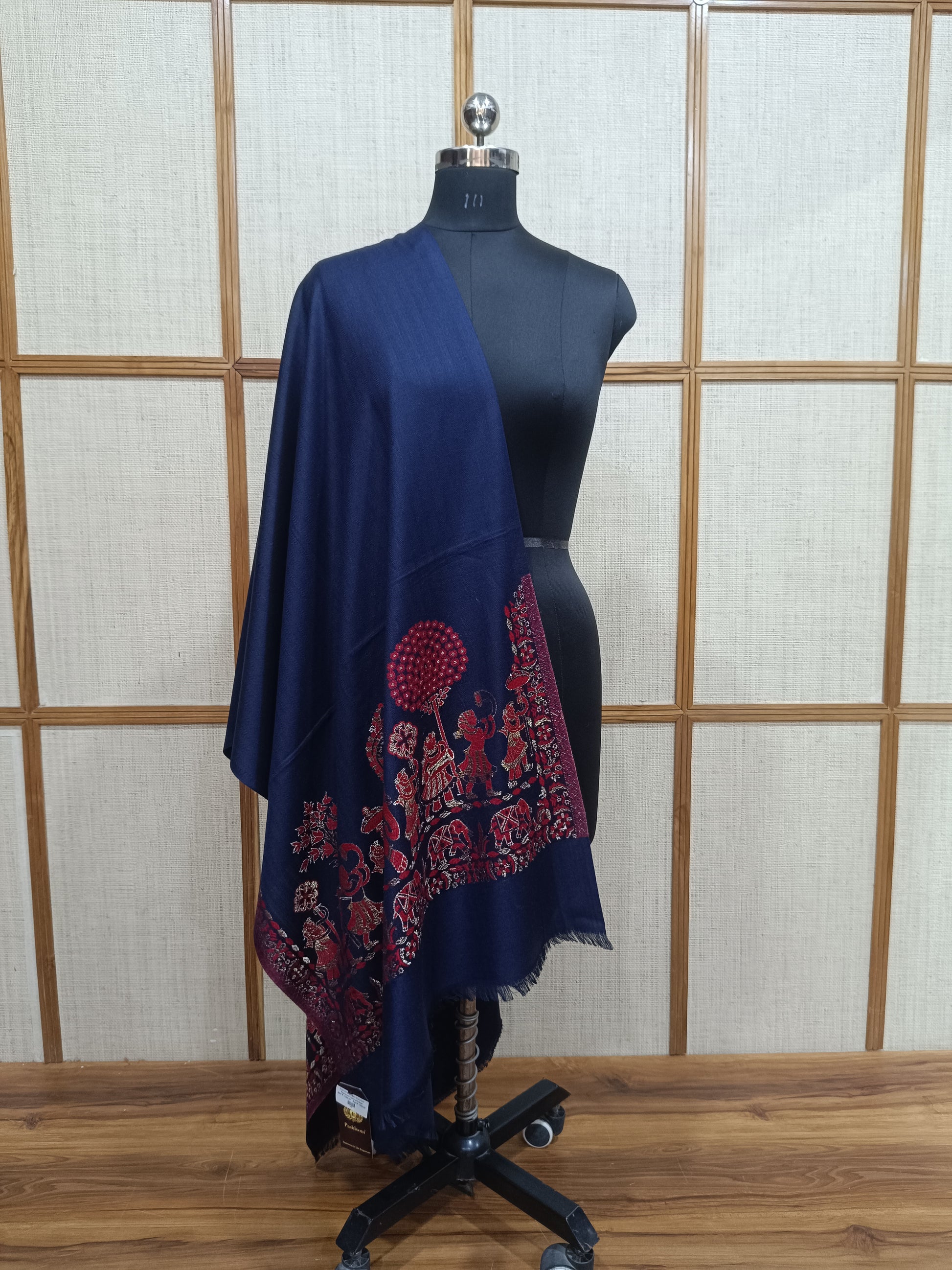 Pashloom royal blue, red, blue, gold wool stole for wedding and festive gifting, product image 1